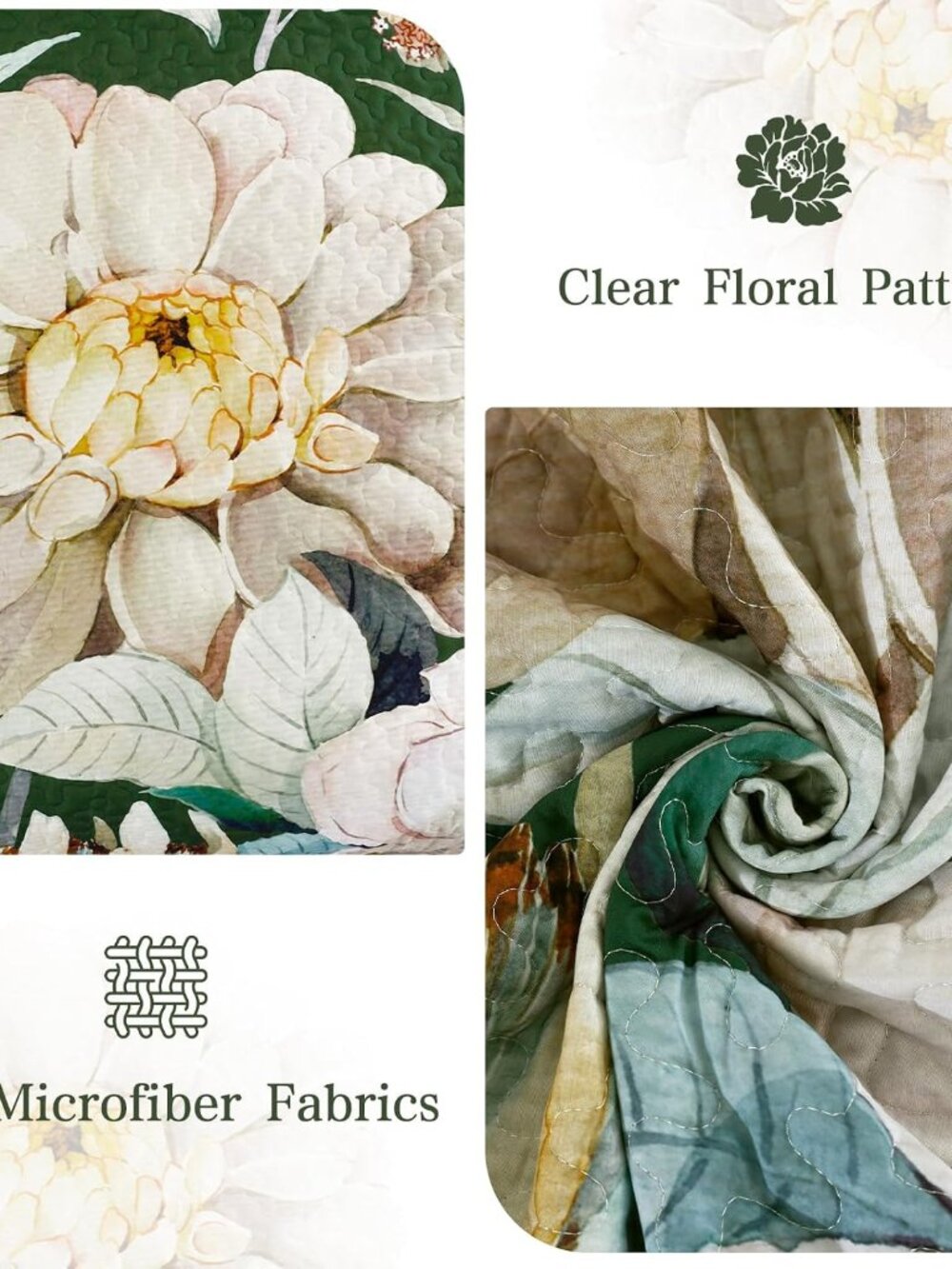 Floral Quilt Queen Size - 3 Pieces Green Quilt Botanical Bedspread | Soft Microf - Picture 5 of 8